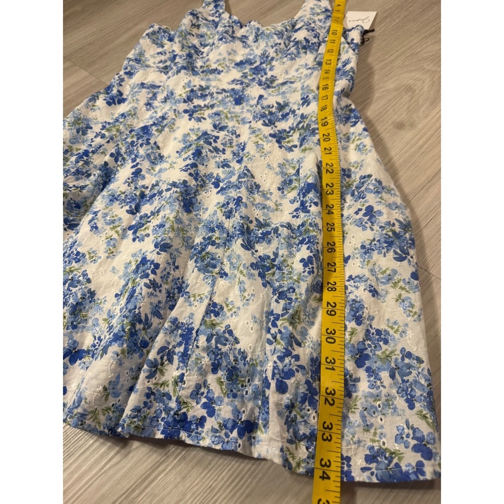 Japna Blue White Floral Eyelet Cotton Mini Dress Smocked Back NWT Size L - Picture 4 of 9
